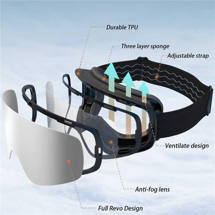 Гірськолижні маски VCOROS з змінним склом, унісекс, захист від UV, антитуманне покриття, регульований ремінь, сноуборд маска 02-Срібло/Білий + лінза (VLT13 %) (01-Срібло/Чорний + лінза (VLT13 %))