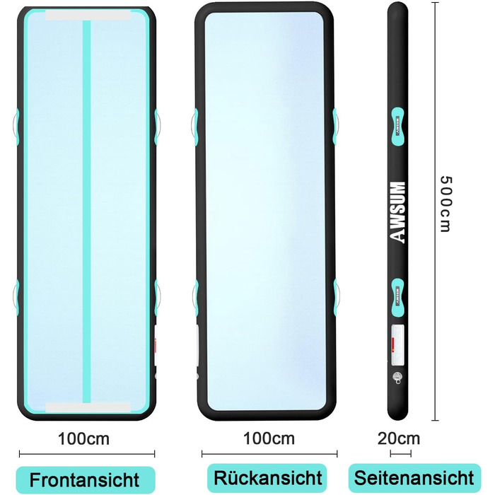 AWSUM Килимок для гімнастики надувний, 2/3/4/5/6м, для йоги, фітнесу, розтяжки, 10/20см товщина, 500x100x20см, м'ятно-зелений + чорний