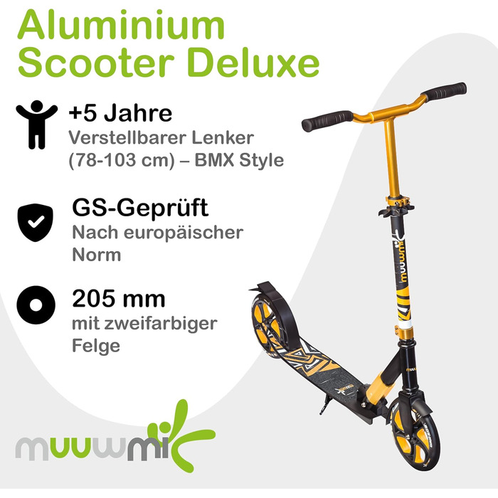 Самокат трюковий muuwmi Aluminium Scooter Deluxe 205мм ABEC 7, регульована висота, для дітей та дорослих, чорно-золотий