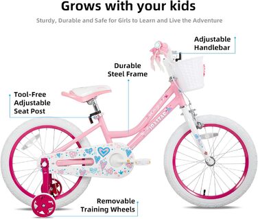 Дитячий велосипед JOYSTAR 18 дюймів для дівчаток 6-9 років з додатковими колесами та кошиком, рожевий
