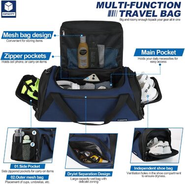 Спортивна сумка FIORETTO 35L з відділенням для взуття та мокрого одягу, водонепроникна, для тренувань, спортзалу, подорожей, плавання, сауни, футболу (зелена/оливкова, блакитна 45л)