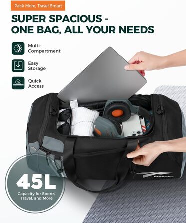 Спортивна сумка-рюкзак Tolaccea 45L з відділенням для взуття та вологих речей, сіра, для тренажерного залу, сауни, футболу, плавання, чоловіча та жіноча
