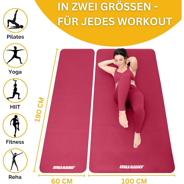 М'яка тренувальна мат Muawo для фітнесу, йоги та гімнастики | Нековзна, товста та довга | Рожева 190 x 60 x 1,5 см