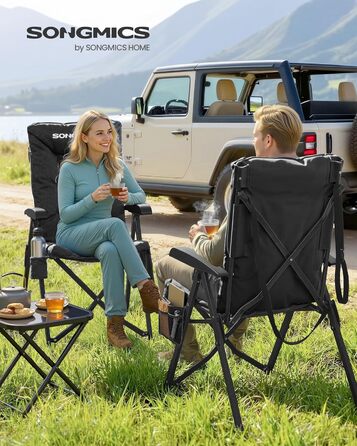 Складний туристичний стілець SONGMICS для відпочинку та риболовлі, чорний, з регульованою спинкою 95°-150°, з підстаканником та кишенею
