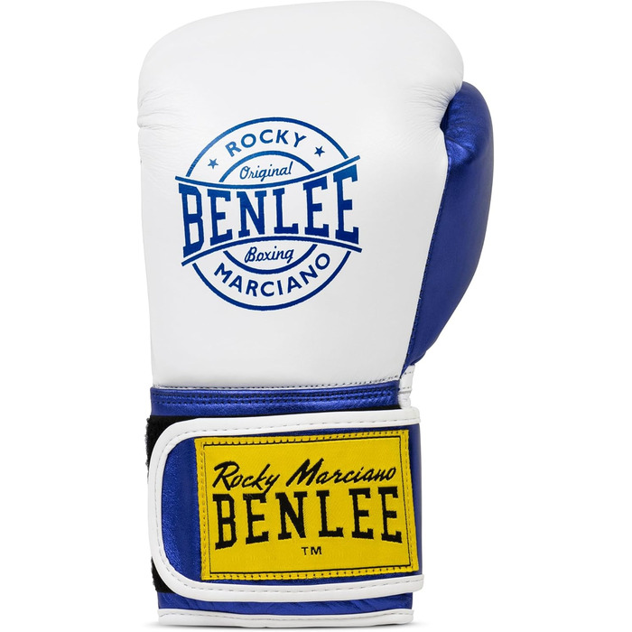 Боксерські рукавички BENLEE METALSHIRE 10 oz зі шкіри, білі/сині