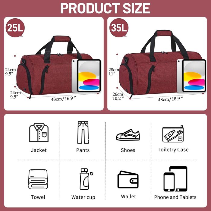 Спортивна сумка 25L для жінок та чоловіків з відділенням для взуття та мокрих речей, водонепроникна, для подорожей, спортзалу, плавання, червона