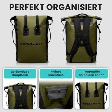 Водонепроникний рюкзак Nordlight Dry Bag 35л з ролтопом, з м'яким плечовим ременем. Підходить для водного спорту, велосипеда, кур'єра, трекінгу та риболовлі (Оливковий, 35 л)