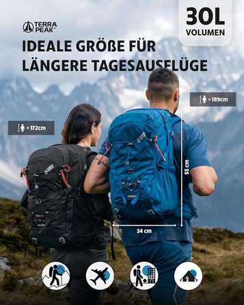 Туристичний рюкзак Terra Peak Flex 30L з вентиляцією спини, дощовиком і тримачем для питної системи – середній преміум-рюкзак для походів, 3D Air Mesh, поясний ремінь