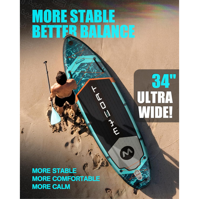 Надувне SUP-борд MYBOAT 30,5 x 86,4 x 15,2 см для риболовлі та відпочинку, з аксесуарами: 3 фінки, двосторонні еластичні шнури, кріплення для камери, ручна помпа, весло, водонепроникний мішок 5 л, мотузка