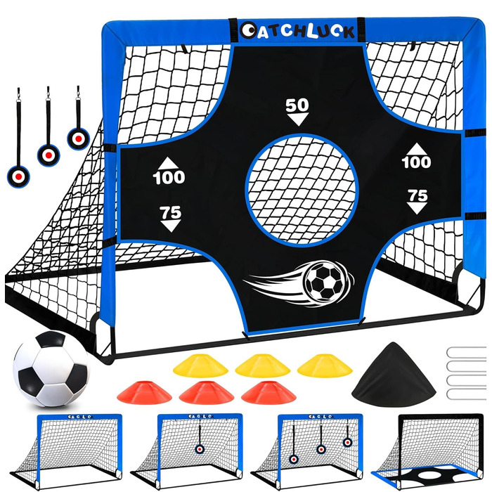Дитячі ворота для футболу Pop Up, садові, Outdoor з мішенями, 3 цілі, 6 перешкод, з сумкою (Блакитні)