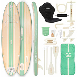 Надувний SUP-борд HUIIKE Stand Up Paddle Board з аксесуарами: весло, фіни, насос. Стабільний та міцний, 305 × 84 × 15 см, до 130 кг (Paulownia Mint - Full Pack)