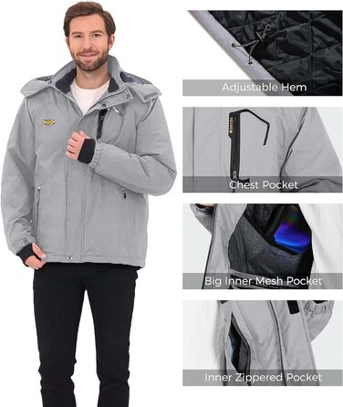 Чоловіча гірськолижна куртка Wantdo: теплий флісовий мантель, водонепроникна та дихаюча, з капюшоном, вітрозахист, сірий колір, розмір XL