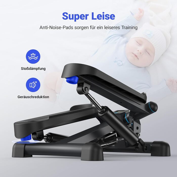 MERACH Міні степер 2-в-1 для дому з LCD-монітором, до 150 кг, з мотузками для тренування ніг, рук та сідниць, блакитно-чорний