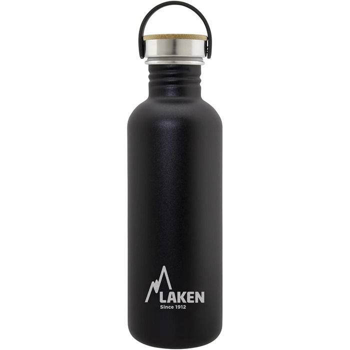 Laken Basic пляшка для води з нержавіючої сталі 1 л, чорна, широка горловина, кришка з бамбука, BPA Free