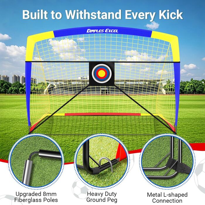 Ворота для футболу Dimples Excel Pop-Up – розкладні для дітей | Набір 1 або 2 шт. | Розміри 120x90 / 152x110 / 213x152 см | 3 кольори | З м'ячем, насосом, конусами та мішенню | Для саду та подарунка