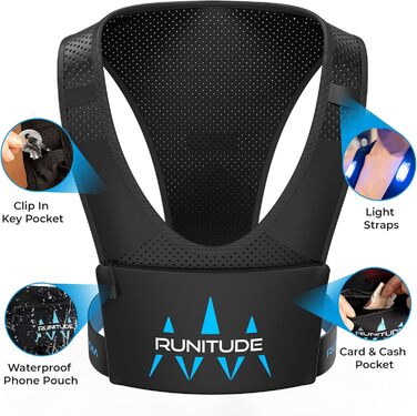 Runitude Тримач для телефону на груди для бігу - водонепроникний, світловідбиваючий, з ключницею, унісекс, чорний