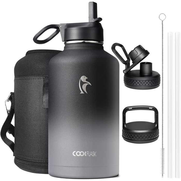 Термос-бутилка Coolflask 2 л з трубочкою і 3 кришками, ізольована спортивна пляшка з нержавіючої сталі, подвійний захист від протікання, чорна і сіра для спорту чи офісу