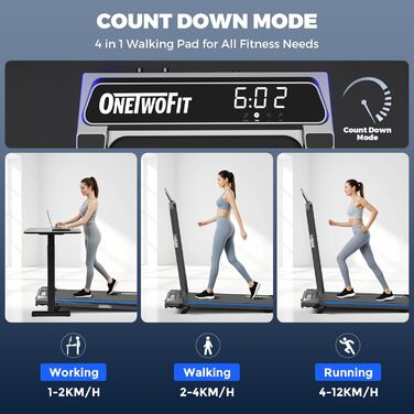 ONETWOFIT Ходункова доріжка, біговий тренажер для дому з ручками, регульований нахил, керування з пульта та через додаток, 2.5HP, складаний, 12km/h