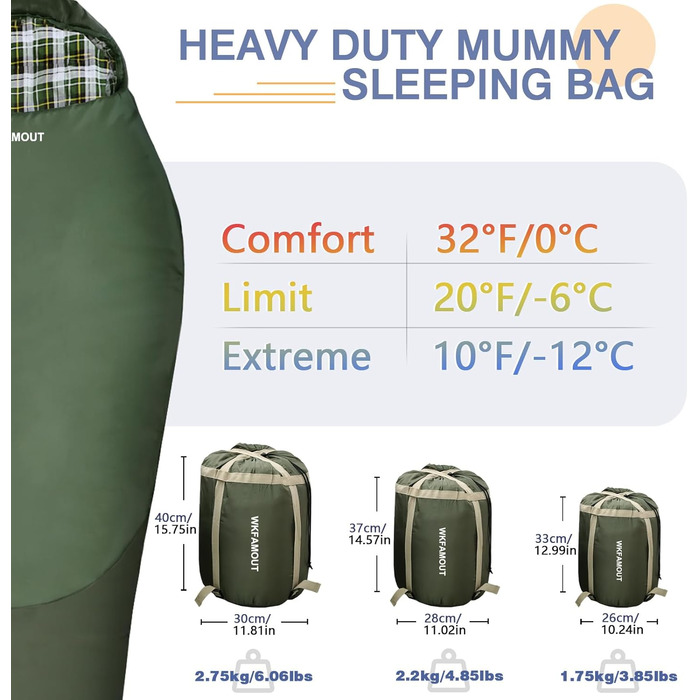Сплячий мішок WKFAMOUT Mumienschlafsack для кемпінгу та подорожей, -12°C - 0°C, фліс, 3-4 сезони, дорослий/дитячий, 500GSM