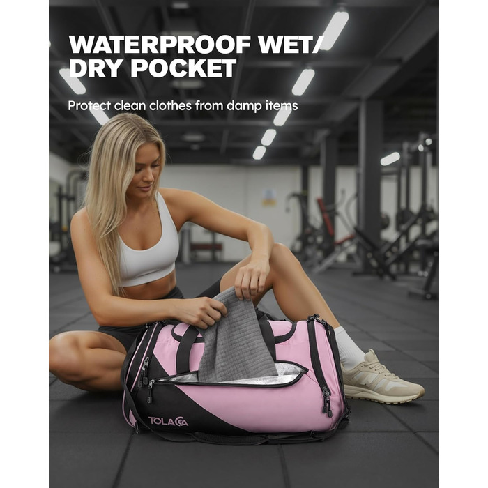 Спортивна сумка Tolaccea для чоловіків та жінок з відділенням для взуття та мокрих речей, рюкзак-дуffel для тренувань, фітнесу, басейну, подорожей (47л, чорно-рожевий)