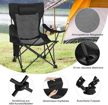 Складний стілець для кемпінгу eSituro, риболовний стілець, стілець для відпочинку на природі з підставкою для ніг та тримачем для напоїв, пляжний стілець з регульованою спинкою (Чорний)