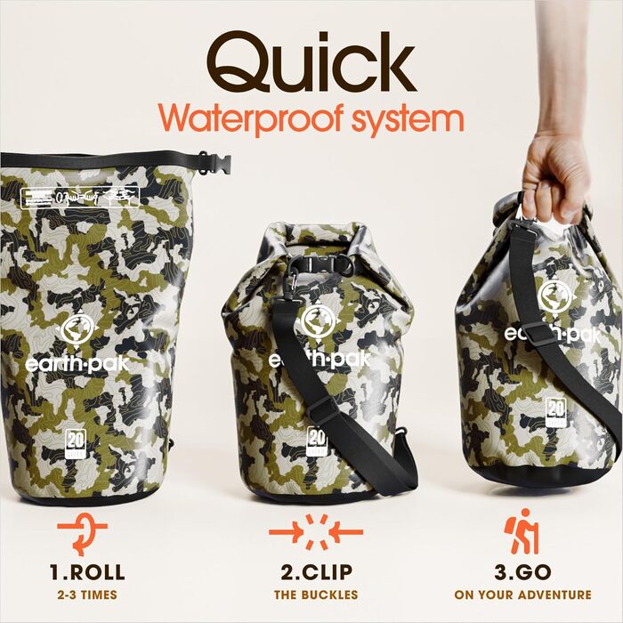 Earth Pak Packsack водонепроникний з плечовим ременем та водонепроникним чохлом для телефону – ідеальний рюкзак-ролтоп для каякінгу, хайкінгу, кемпінгу, риболовлі, катання на човні та рафтингу (Waldgrün, камуфляж, 20L)