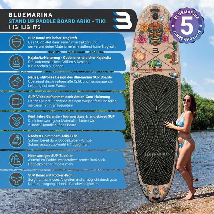Надувна SUP-дошка Bluemarina Ariki Tiki 325x86x15 см, 5 років гарантії, комплект для сапбордингу, вантажопідйомність до 140 кг