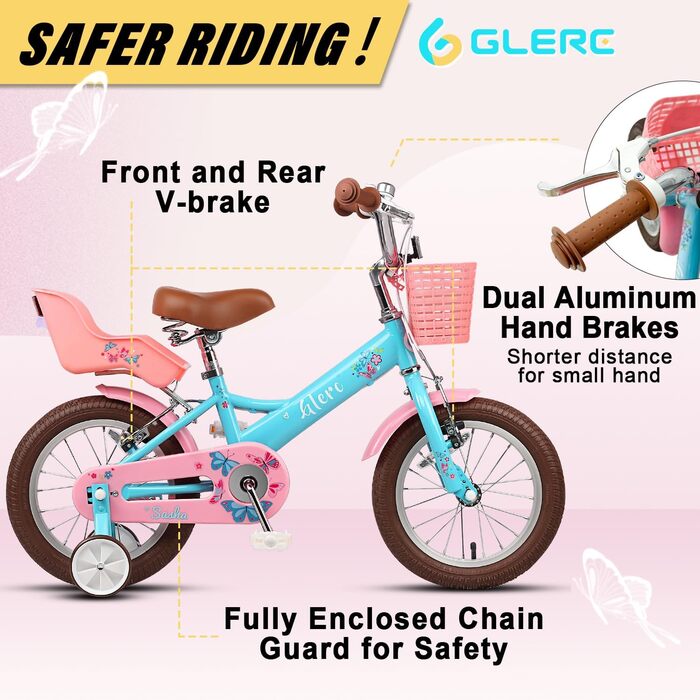 Дитяче велосипед Glerc Sasha 12, 14, 16, 20 дюймів для дівчаток 2-12 років у ретро-стилі з сидінням для ляльки та додатковими колесами, блакитний