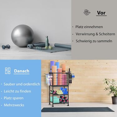 Стійка для гантелей та йога-матів LIANTRAL з колесами та гачками, чорна. Багатофункціональна стійка для зберігання спортивного обладнання для дому