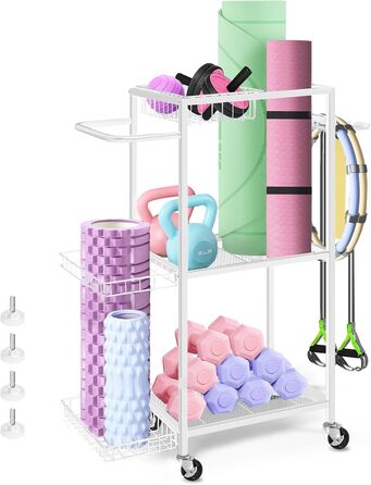 Стійка для зберігання спортивного обладнання SMUSEI: 3 яруси, металева, з роликами та 8 гачками. Підходить для йог-матів, гантелей, гир та іншого обладнання для дому.