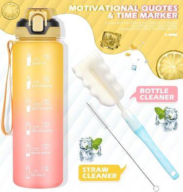 Фляга для води CodiCile 1л зі трубочкою, спортивна, з міткою часу, для миття, нетоксична, для бігу, велосипеда, спортзалу, школи, офісу