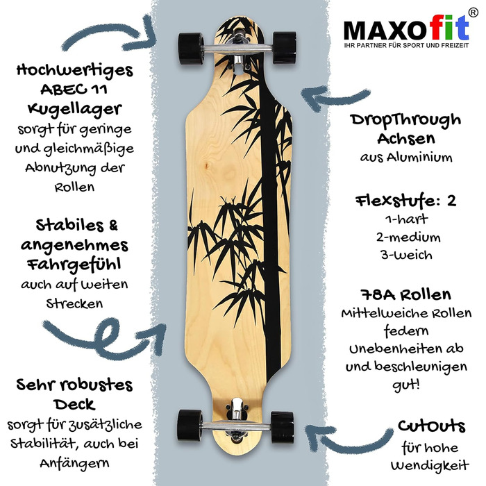 Лонгборд MAXOfit у різних дизайнах, з якісною декою з клена/бамбука для початківців та досвідчених Crow