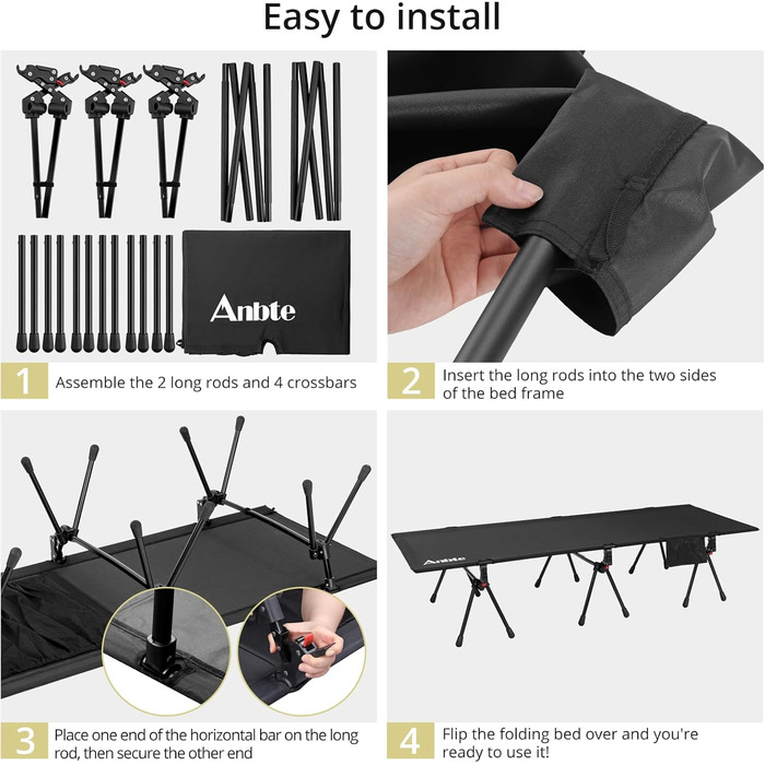 Кемпінгове ліжко Anbte: легке, розкладне, 190x70 см, алюміній, 2 положення висоти, до 180 кг, з сумкою