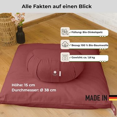 Зафу для медитації Inner Peace | Йога подушка з екологічної дінкової наповнювачем | Подушка для медитації напівмісяця | Зроблено в Німеччині | Зручний знімний чохол з 100% органічної бавовни (лісова полуниця)