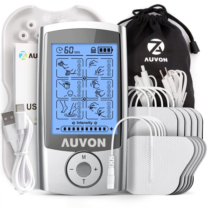 AUVON TENS пристрій: електростимулятор для зняття болю з 24 програмами, 2 канали та 10 шт. електродів преміум-якості