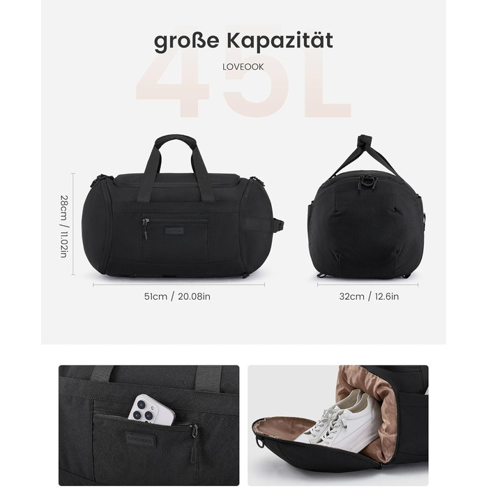 Спортивна сумка LOVEVOOK для жінок та чоловіків, велика сумка для залу, дорожня сумка з відділенням для взуття, водонепроникна сумка для тренувань, плавання, Travel Duffle Bag з рюкзаком, 45L (51*28*32 см), Бежевий