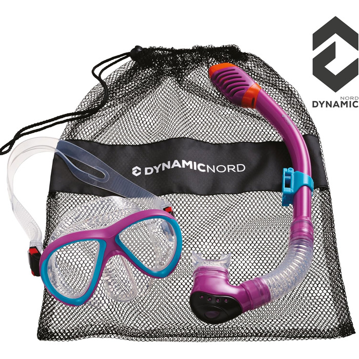 Дитячий набір для сноркелінгу DYNAMICNORD La Gomera Pro Junior, силіконова маска та трубка з Dry-Top, безпечне скло, рожевий/синій, дизайн Німеччини