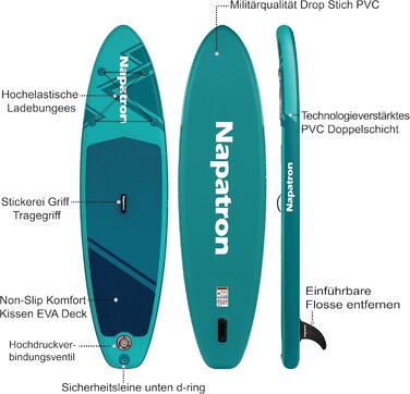 Надувне SUP-борд Napatron для сімейного відпочинку, 160 кг, комплект з насосом та страховкою, для початківців та досвідчених, синьо-зелений