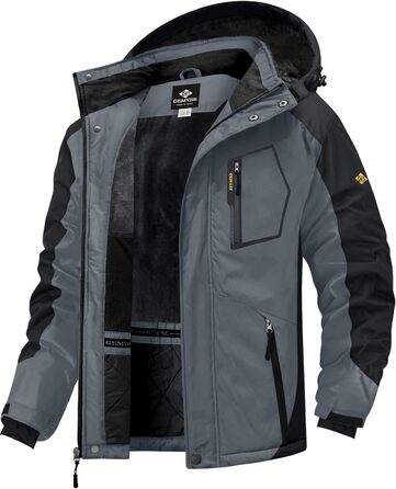 Чоловіча водонепроникна лижна куртка GEMYSE з флісовою підкладкою, вітрозахисна, зимова куртка з капюшоном (S, чорний/сірий)