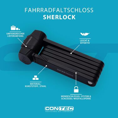 CONTEC велосипедний складаний замок SherLock, міцна сталева конструкція Tredur, 85 см з кріпленням, реверсивний ключ і захист від випадкового випадання, чорний