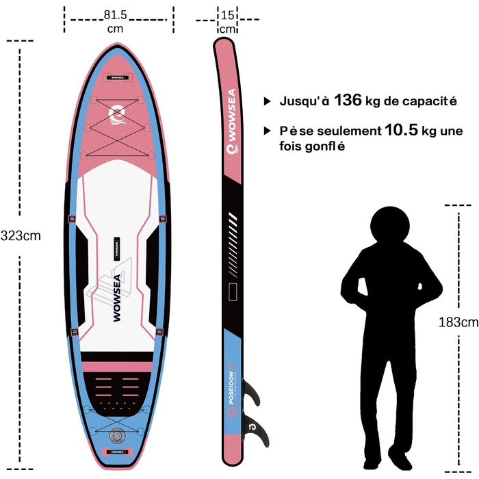 WOWSEA Poseidon P1 Надувне SUP-борд: міцний та стабільний для туризму, подорожей та відпочинку. Комплект iSUP з аксесуарами, підходить для водних занять та релаксу