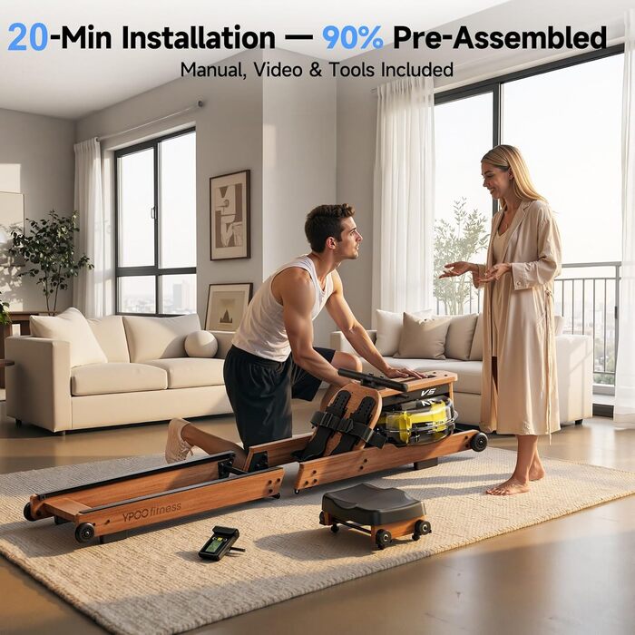 Магнітний тренажер для греблі YPOO для дому: 16 рівнів навантаження, складаний, з LCD-дисплеєм та подвійними напрямними, витримує до 158 кг
