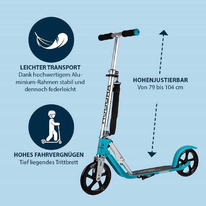 Самокат HUDORA BigWheel 205 з тросовим замком, складаний, регульована висота, з ременем для перенесення, для дітей і дорослих від 6 років, міський, до 100 кг