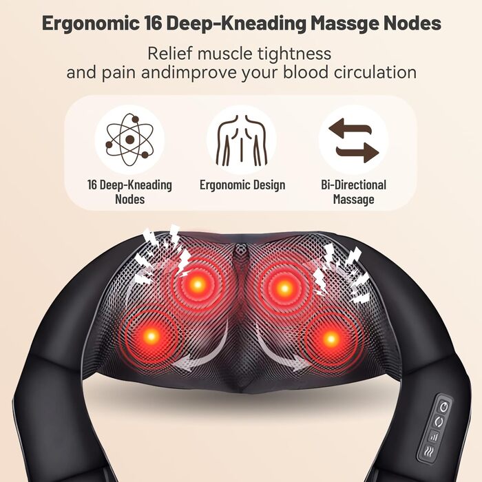 Масажер для шиї та тіла 3D Shiatsu з підігрівом - електричний масажер для шиї, плечей, спини та ніг з 16 масажними головками, 3 режимами, автовимкненням
