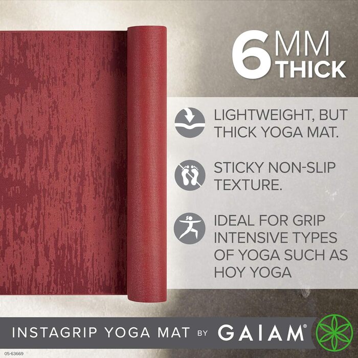 Килимок для йоги Gaiam Insta-Grip 6 мм, нековзкий, щільний, структурований, для йоги та фітнесу, 173×62 см
