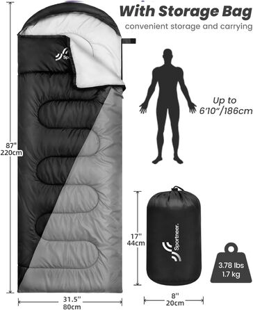 Сплячий мішок Outdoor Sportneer для дорослих та дітей - легкий, зручний, для кемпінгу, піших прогулянок, 220x80см, чорний+сірий