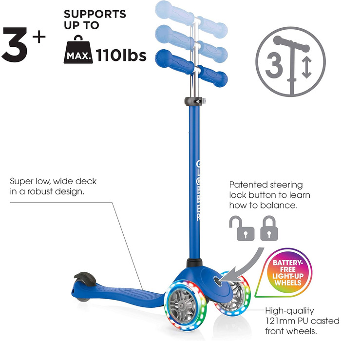 Дитячий самокат Globber Primo Lights, 3-колісний, з LED колесами, регульована висота, 120/80 мм, ABEC 5, неоновий