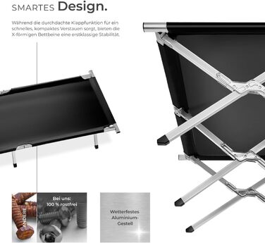Тектейк® XL розкладне ліжко з алюмінію для кемпінгу, чорне, 190 x 70 x 45 см, вантажопідйомність до 150 кг