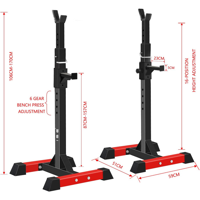 Стійка для штанги ISE Squat-Rack, 6 рівнів регулювання, 2 окремі стійки, сталева, до 200 кг, сертифікована EN 957