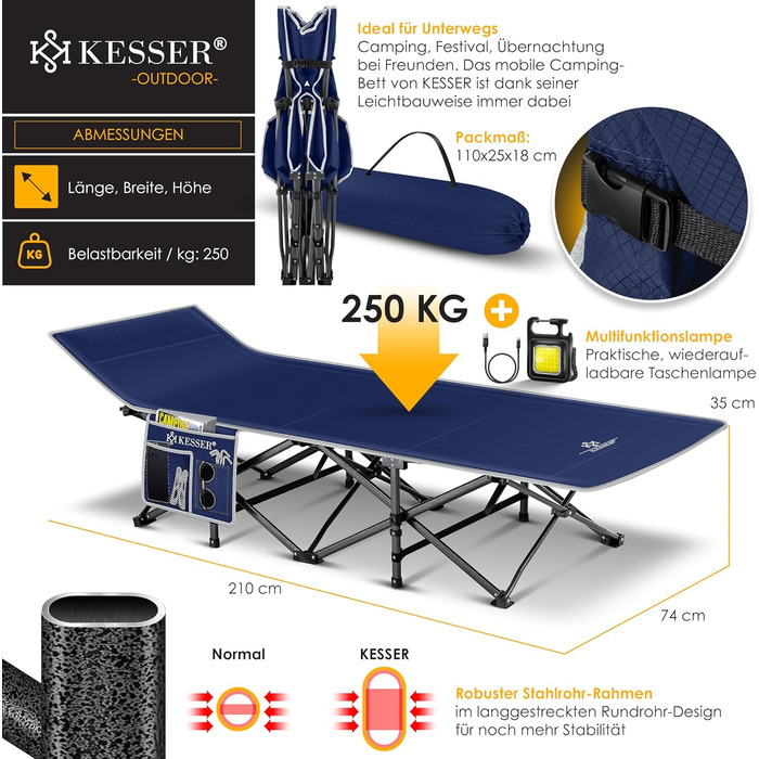 Кемпінгове ліжко KESSER® розкладне, металеве, 210 см, Navy Blue (темно-синій) з сумкою та ліхтарем